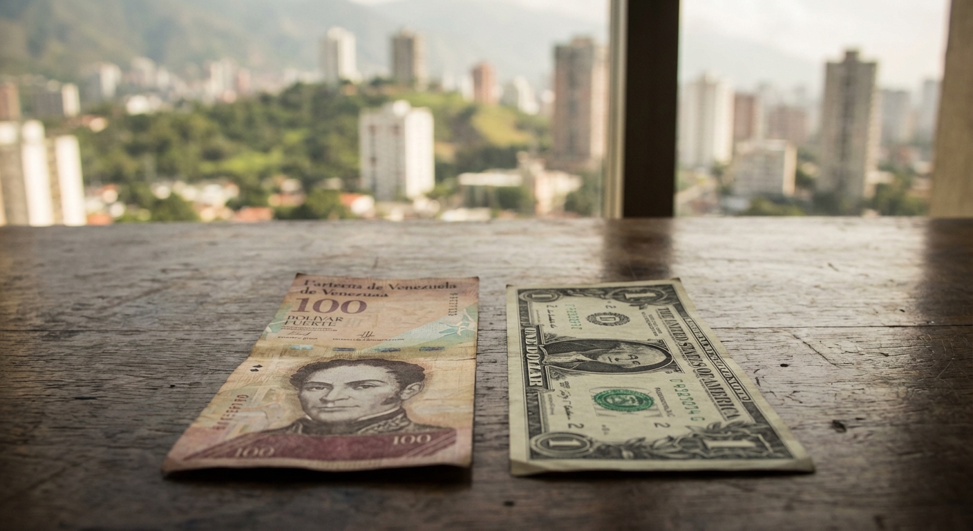 Billete de bolívar venezolano junto a dólar estadounidense con skyline de Caracas, tasa oficial Venezuela
