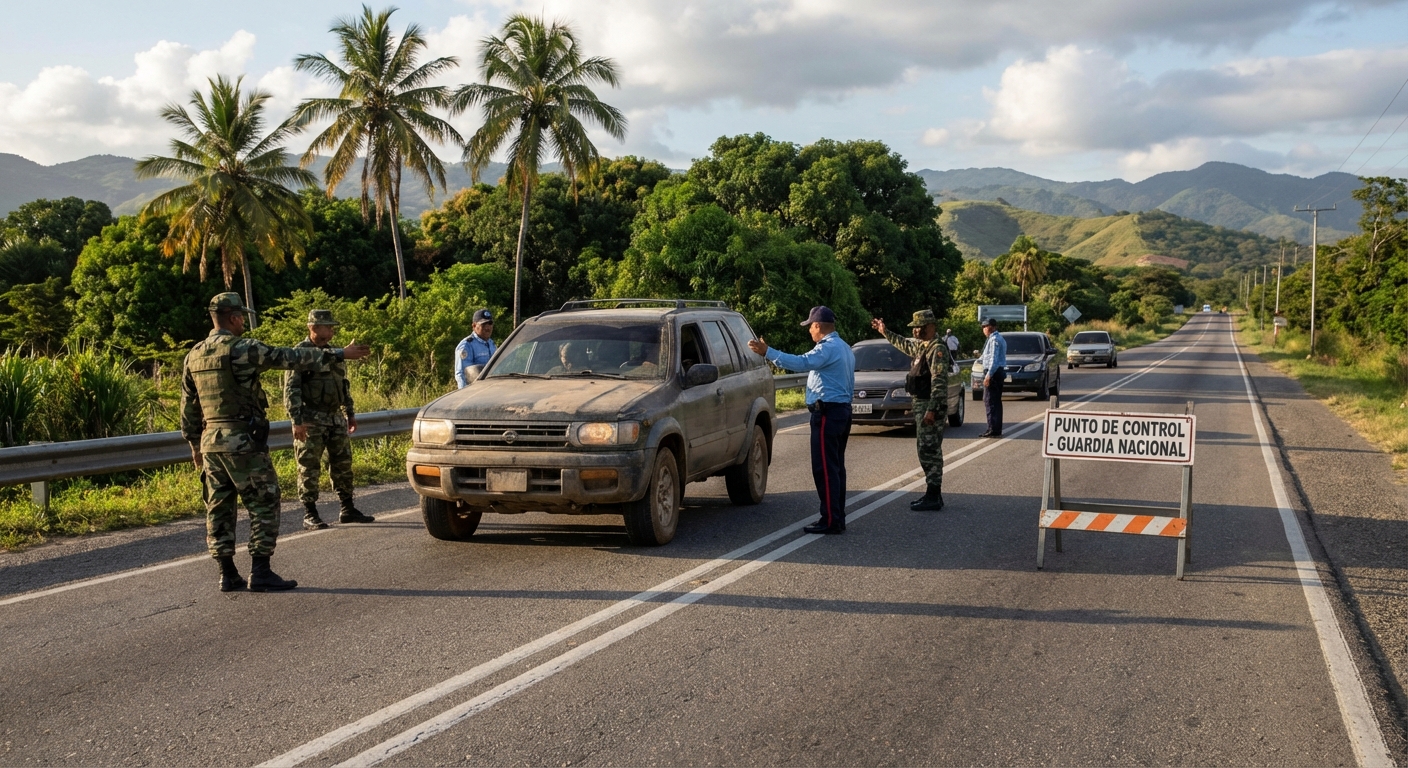 Control policial en carretera de Venezuela con oficiales deteniendo vehículo, paisaje tropical al fondo