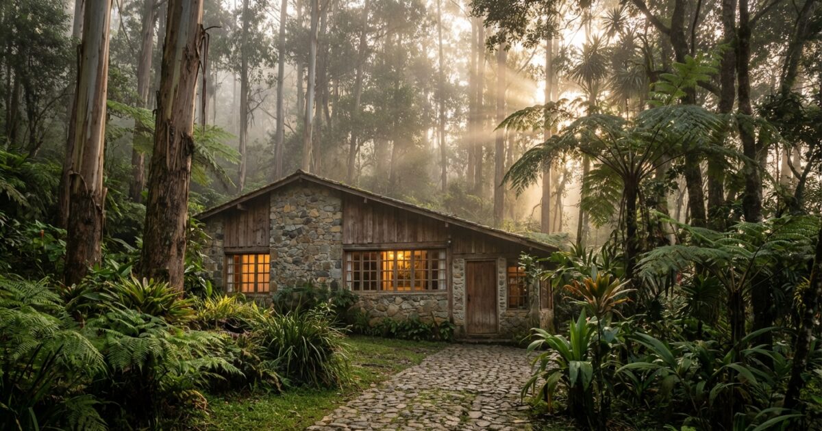 Casa rústica de montaña entre eucaliptos en Galipán, Venezuela, con luces cálidas y camino de adoquines al atardecer