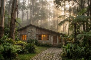Casa rústica de montaña entre eucaliptos en Galipán, Venezuela, con luces cálidas y camino de adoquines al atardecer