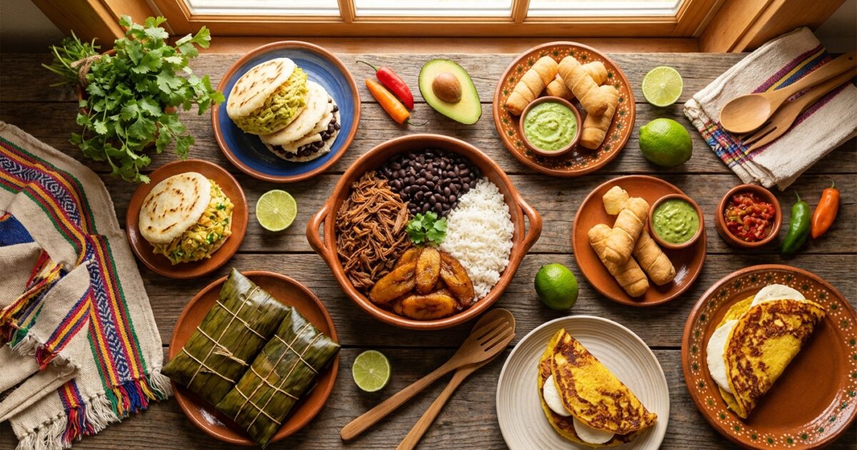 Vista aérea de platos venezolanos típicos: arepas, pabellón criollo, hallacas y cachapas sobre mesa rústica