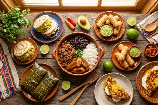 Vista aérea de platos venezolanos típicos: arepas, pabellón criollo, hallacas y cachapas sobre mesa rústica