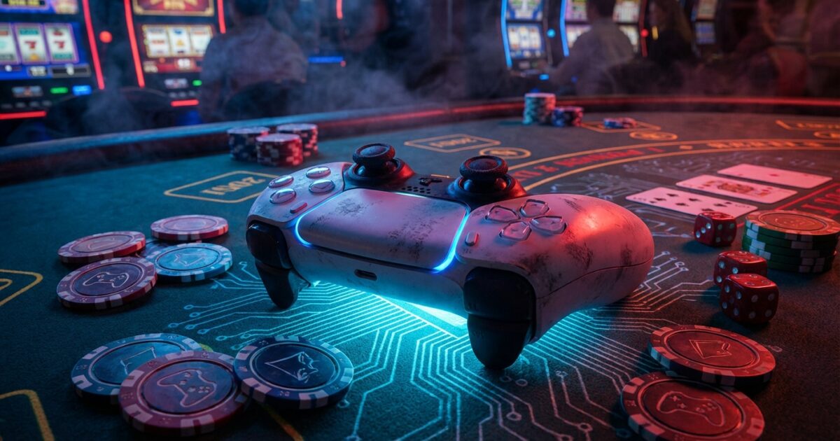 Controlador de videojuegos sobre mesa de casino con fichas y dados, iluminación neón azul y rojo