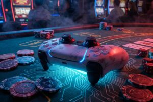 Controlador de videojuegos sobre mesa de casino con fichas y dados, iluminación neón azul y rojo