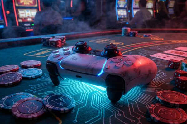 Controlador de videojuegos sobre mesa de casino con fichas y dados, iluminación neón azul y rojo