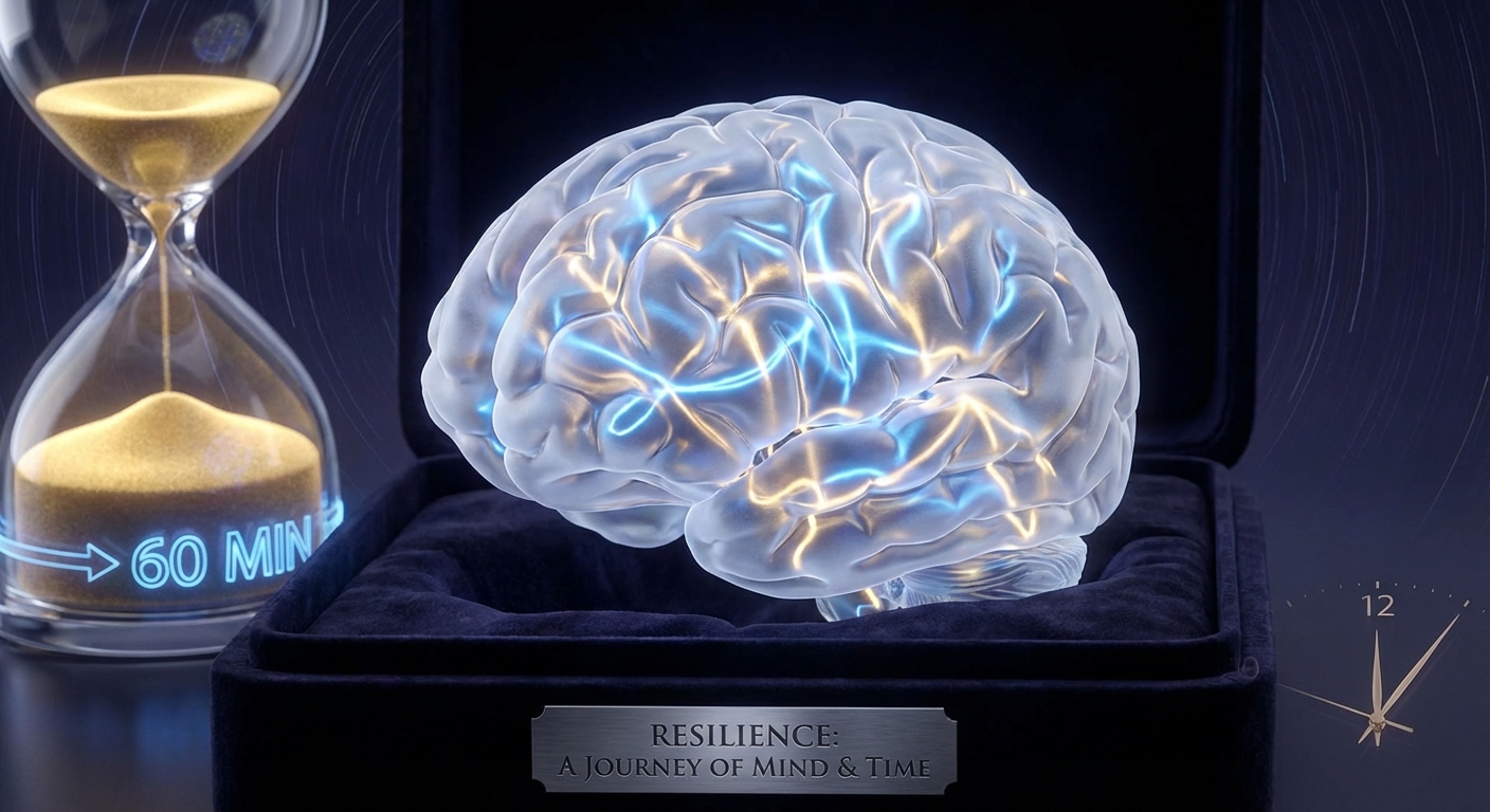 Cerebro humano con conexiones neuronales azules y doradas y reloj que simboliza 60 minutos de resiliencia