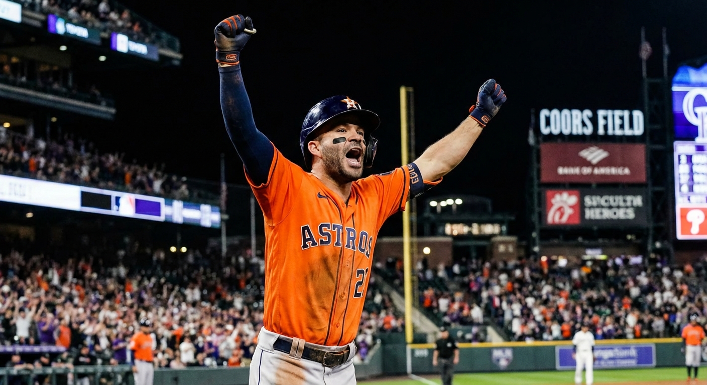 José Altuve celebra con brazos en alto tras doblete en Coors Field, uniendo al club de venezolanos en MLB