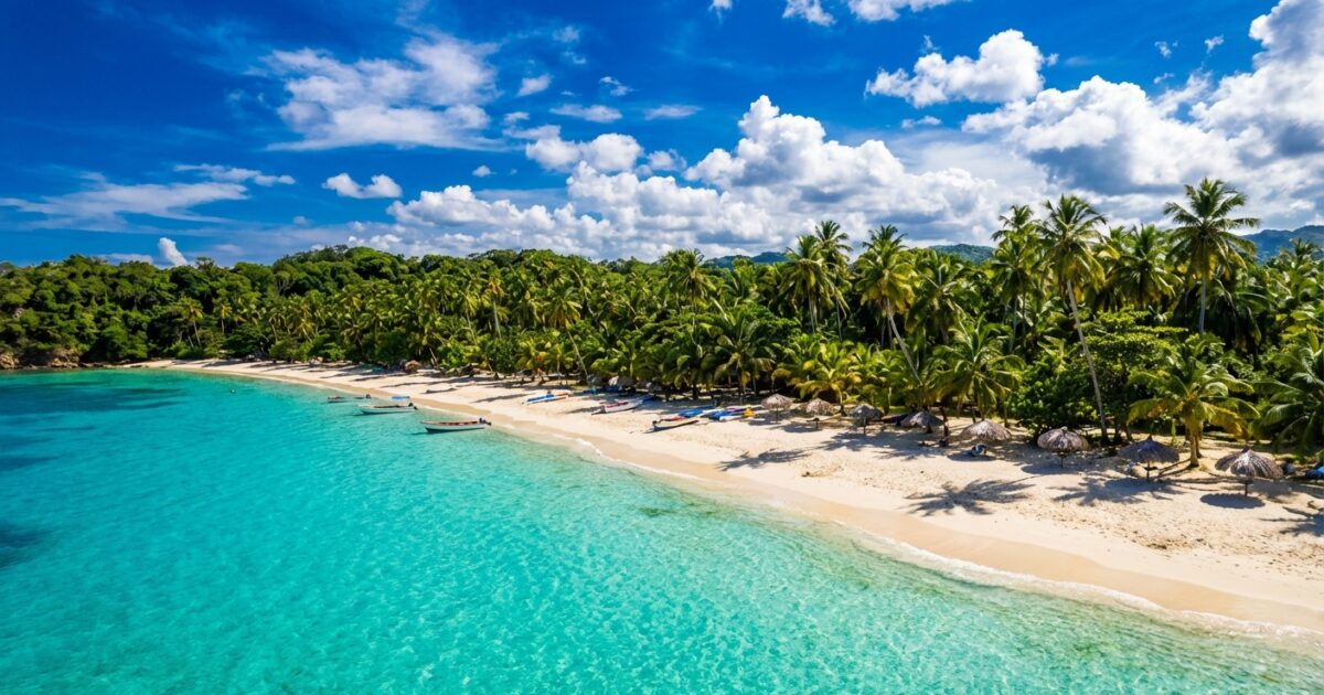 Vista aérea de una playa venezolana con agua turquesa cristalina, arena blanca y vegetación tropical en el Caribe