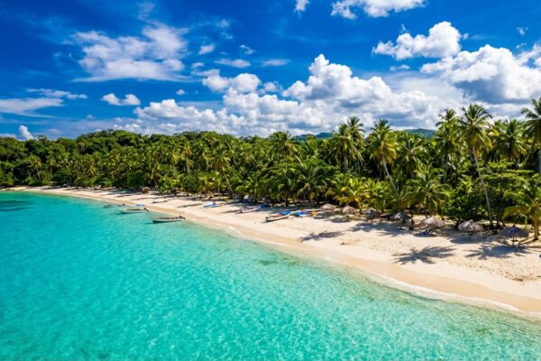 Vista aérea de una playa venezolana con agua turquesa cristalina, arena blanca y vegetación tropical en el Caribe
