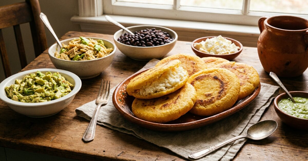Arepas venezolanas recién hechas sobre mesa rústica, doradas y crujientes, rellenas de pollo, aguacate y caraotas negras