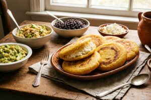 Arepas venezolanas recién hechas sobre mesa rústica, doradas y crujientes, rellenas de pollo, aguacate y caraotas negras