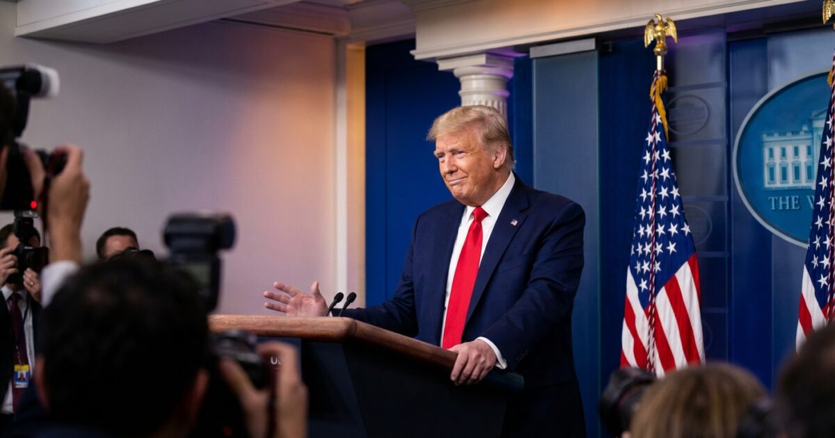 Donald Trump hablando en el podio de la Casa Blanca con banderas estadounidenses, comentando sobre Venezuela