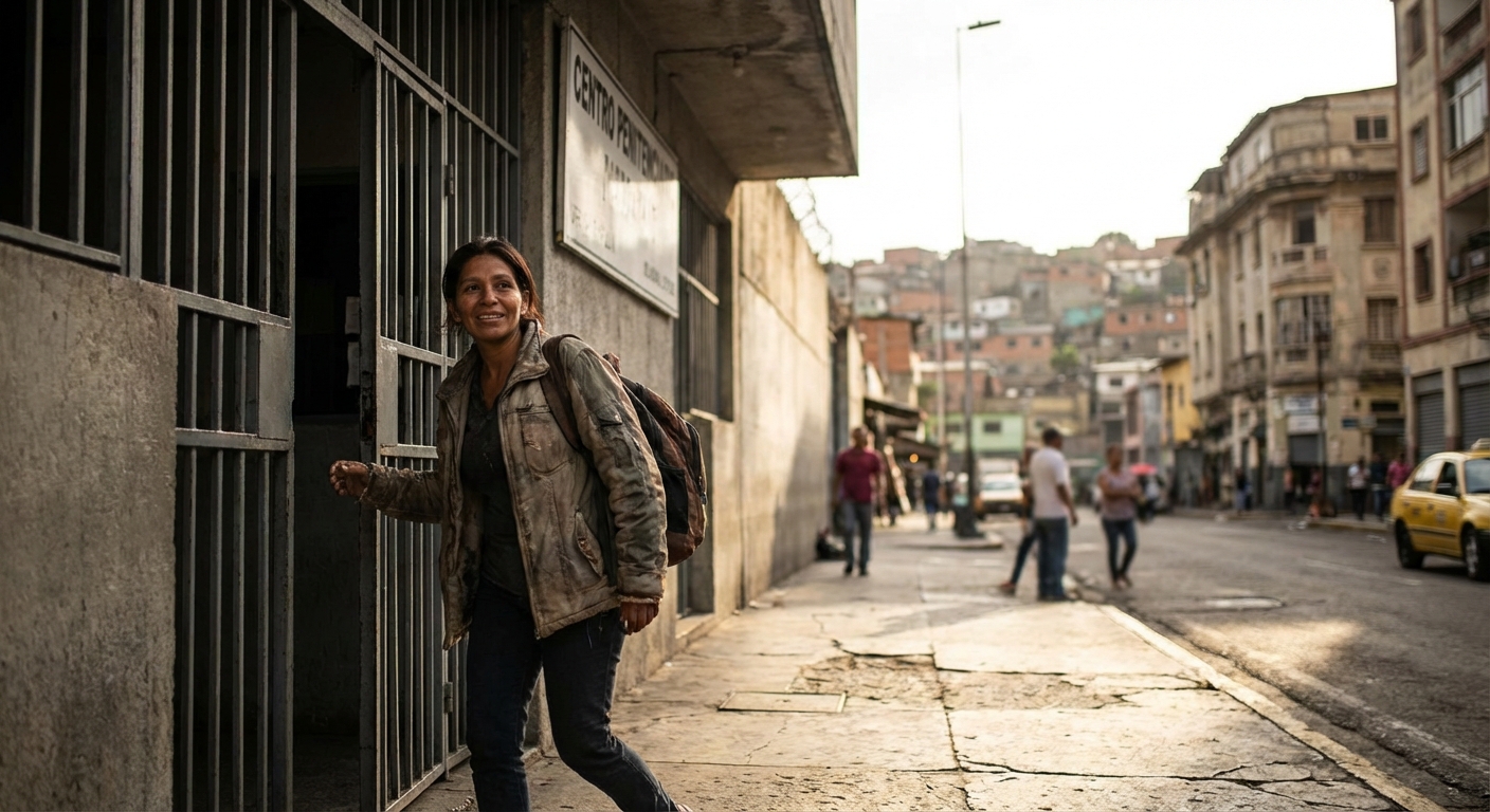 Activista venezolana saliendo de instalación de detención hacia la libertad en Caracas, Venezuela