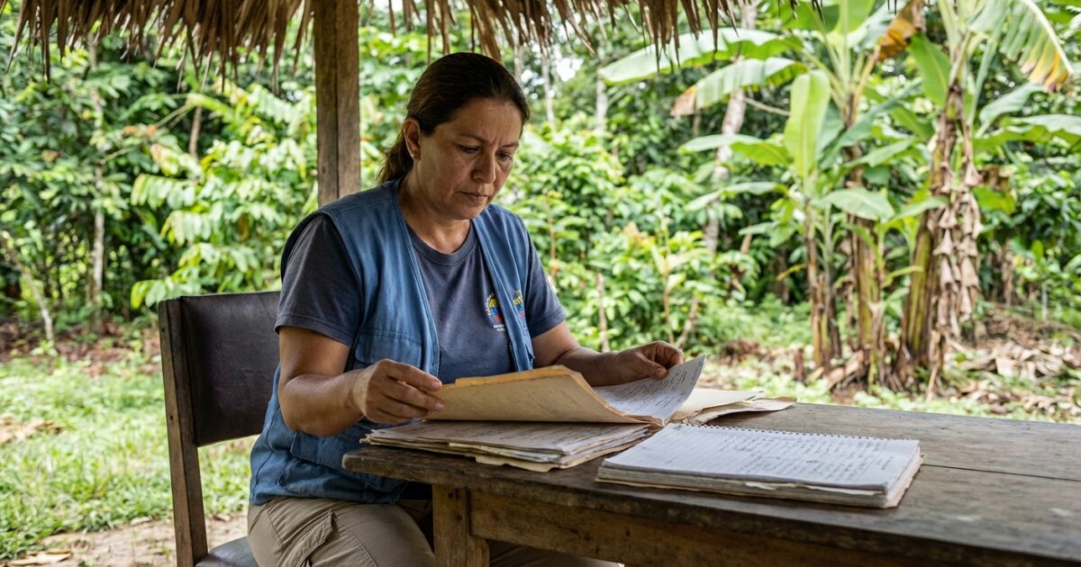 Trabajador de salud pública venezolano revisando documentos médicos en zona rural tropical con vegetación selvática